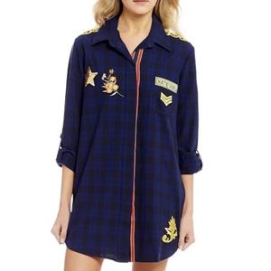 Sam Edelman Patch Embellished Navy Plaid Long Sleeve Dress Sleepshirt Sz L NWT